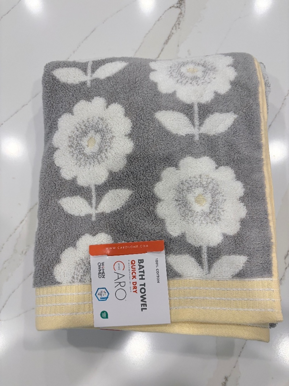 2 NWT Caro Bath Towels gray, yellow and white floral pattern